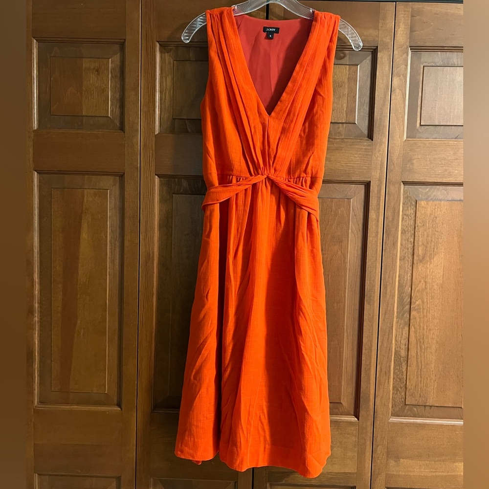 J. Crew Vivid Orange Linen Midi Dress